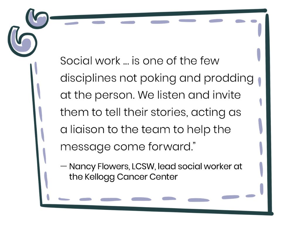 quotation reading social work is one of the few disciplines not poking and prodding at a person we listen and invite them to tell their stories acting as a liaison to the team to help the message come forward Nancy Flowers LCSW lead social worker at the Kellogg Cancer Center